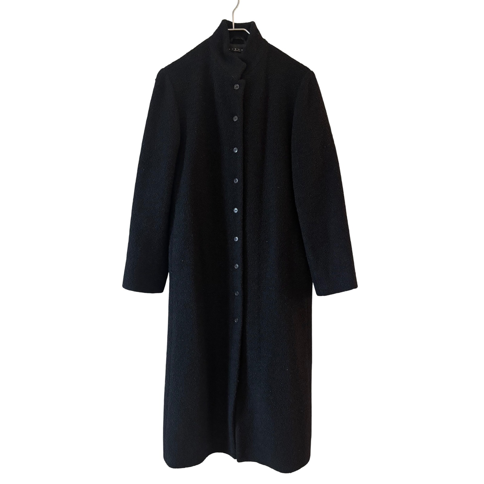 Sisley Womens Black Wool Blend Boucle Longline Mock Neck Coat Made In Italy Xs